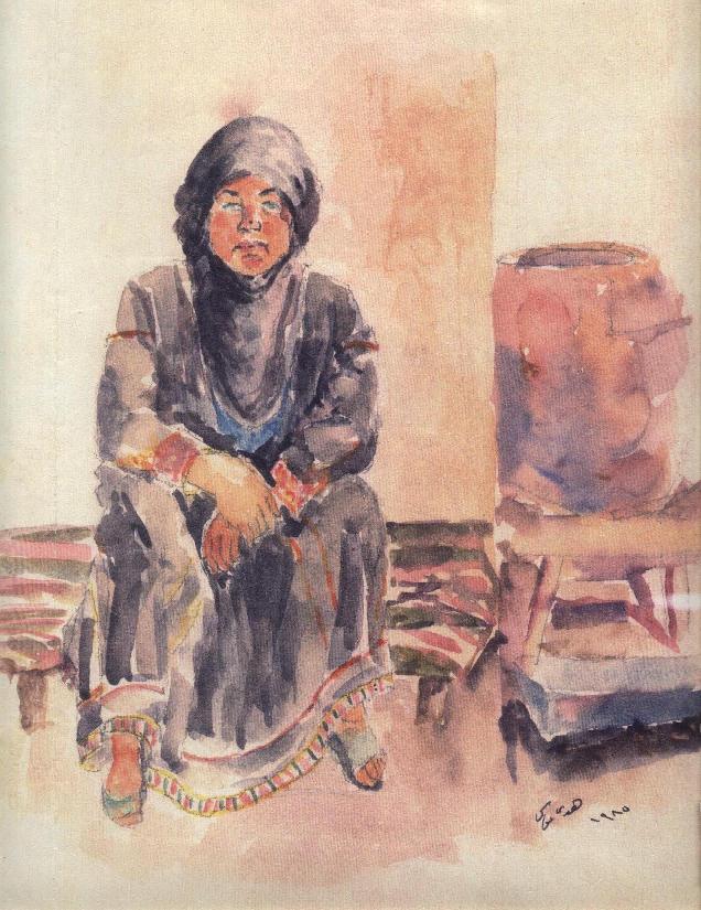 Femme assise près d une jarre